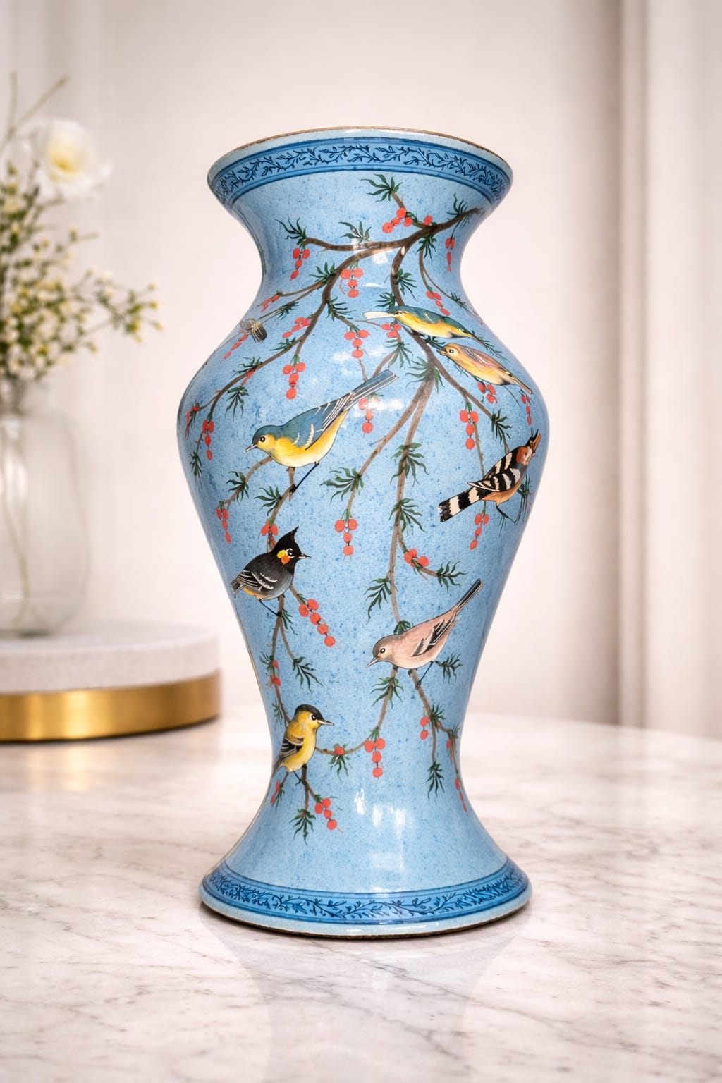Handmade Kashmiri paper mache flower vase, Hand painted flower vase with birds and floral design  from Kashmir valley of flowers
